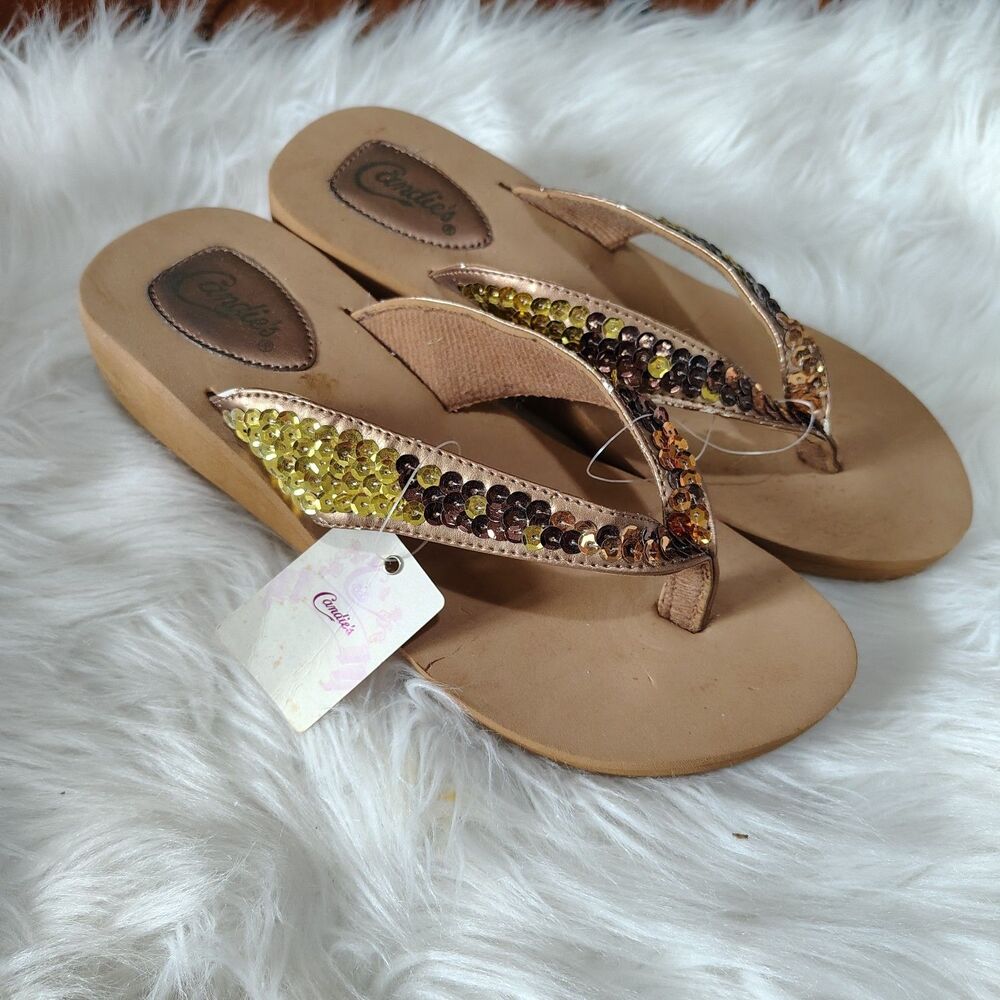 Y2K Inspired Wedge Platform Sequin Thong Sandals Size L 9/10